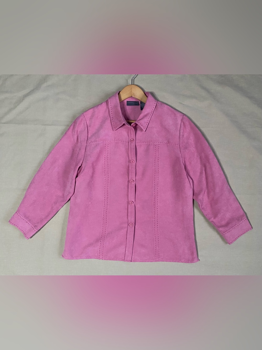 Relativity Pink Faux Suede Button Down Shacket Blanket Stitch Petite L